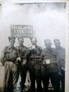 Watch out, Mr Hitler. Ken on left. Sign says Trans Jordan Frontier. Must be when drove trucks to Basra.