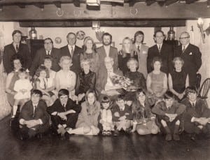 Four generations. Back row: John Waite, Reg Clark, Ken Dale, Nancy (then girlfriend of John Dale), John Dale, Julie Riding, Robert Tate, John Moy, Vic Riding. Middle row: Susan Waite with Sally; Thelma Clark with Sarah, Eileen Dale, Florence (sister of Bill), Bill, May, Nancy Moy, Peggy Riding. Front row: Christopher Clark, Simon Riding, Sally Riding, Judith Clark, Nicky Moy, Jayne Moy, Paul Moy, Andrew Moy.