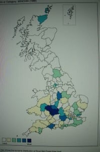 1999: The distribution of the Minchin surname in the UK, according to the Royal Mail. 